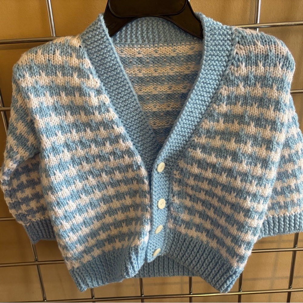 Vintage Handmade Houndstooth Cardigan Blue & White Sweater Jacket 18-24M Baby